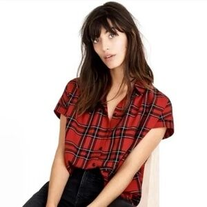 Madewell Short Sleeve Button Down Plaid Shirt Red Black Button Up Size XS